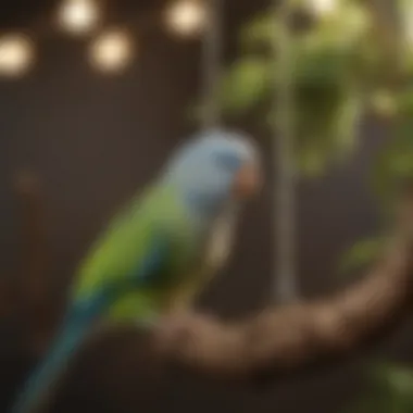 An array of environmental enrichment options like swings and climbing structures for parakeets