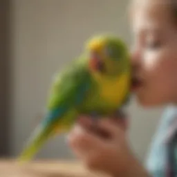 A vibrant parakeet perched on a child’s finger, showcasing its colorful feathers and playful nature.
