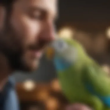 Close-up of a parakeet interacting with its owner