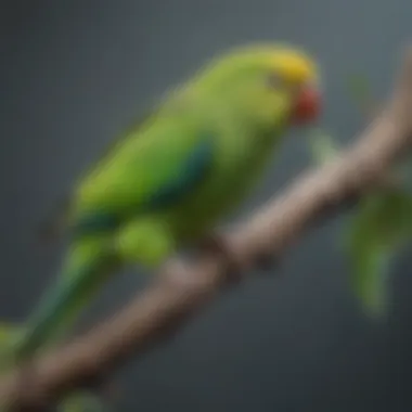 A vibrant green parakeet perched on a branch