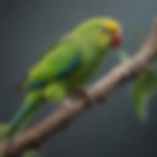 A vibrant green parakeet perched on a branch