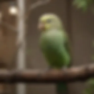 A majestic budgerigar in a well-decorated aviary