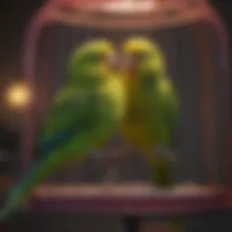 A vibrant parakeet perched on a colorful cage