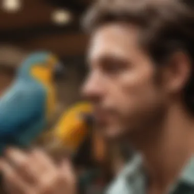 An owner interacting with their pet bird