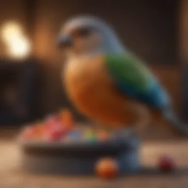 Vibrant pet bird enjoying playtime with toys