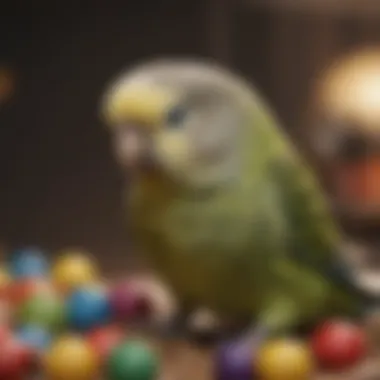 A close-up view of a budgie in its cage with toys.