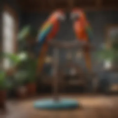 An assortment of colorful floor standing parrot perches positioned in a vibrant living space