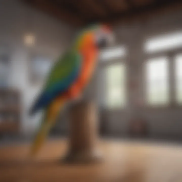 A parrot happily engaging with a floor standing perch, demonstrating its benefits for avian behavior