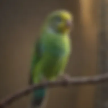 Colorful green budgerigar in an enriched cage environment