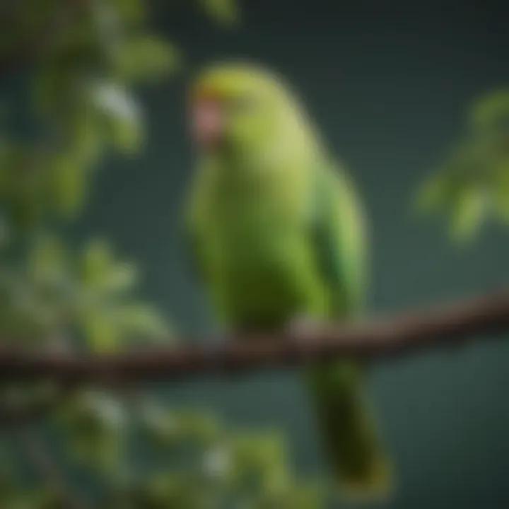 Vibrant green parakeet perched on a branch