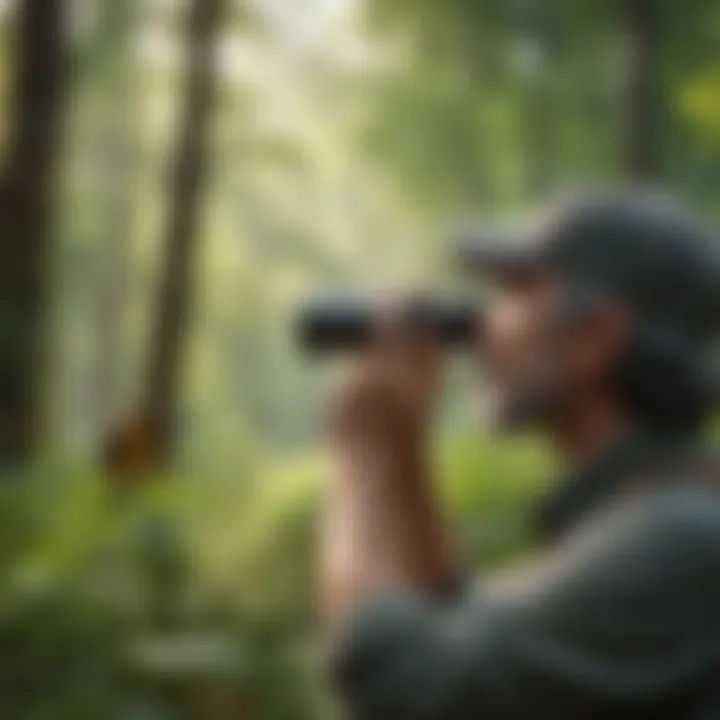 Birdwatcher observing birds with binoculars in a lush forest