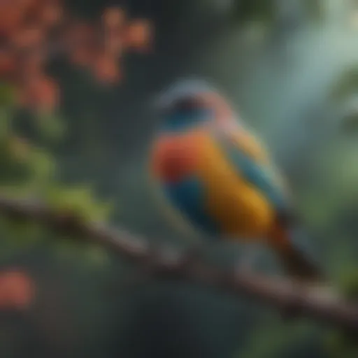 A colorful bird perched on a branch displaying vibrant feathers