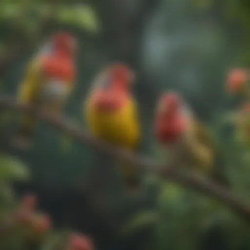 Colorful finches perched on a branch in a lush environment