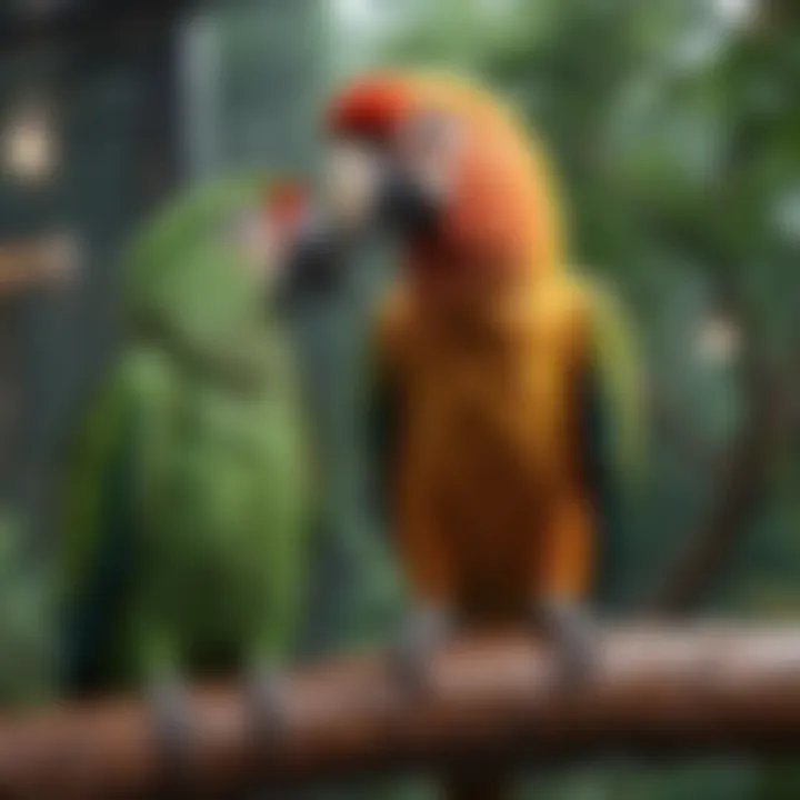 A well-maintained aviary showcasing enrichment features for parrots