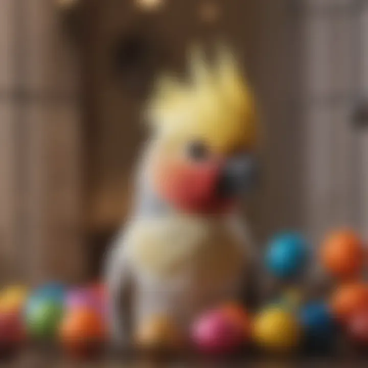 Close-up of a cockatiel perched on a colorful toy inside its cage.