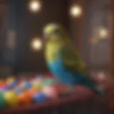 A vibrant budgie perched on a colorful cage