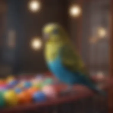 A vibrant budgie perched on a colorful cage