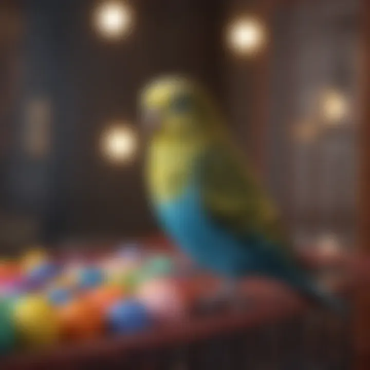 A vibrant budgie perched on a colorful cage