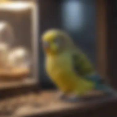 Routine cleaning of a budgie enclosure showcasing maintenance practices.