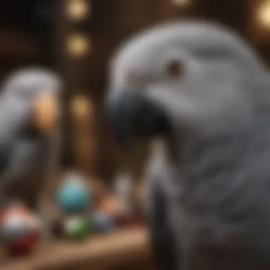 An array of toys and enrichment items suitable for an African Gray Parrot, emphasizing their need for mental stimulation.