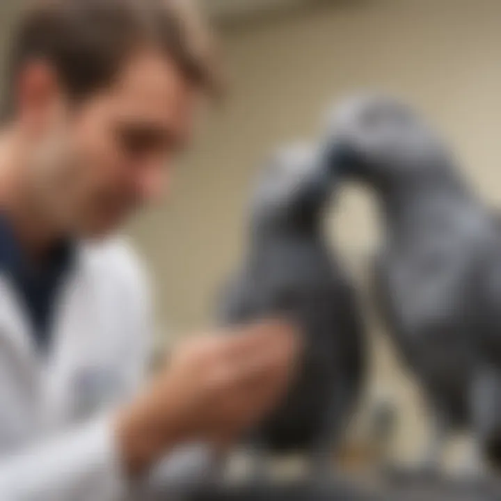 A qualified avian veterinarian examining an African Gray Parrot, illustrating the importance of regular health check-ups.