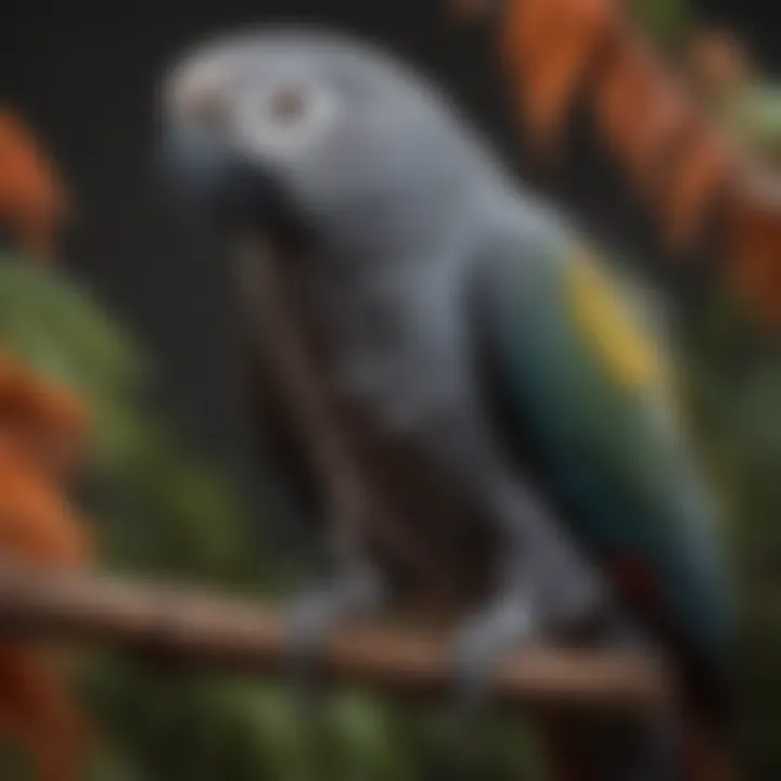 A vibrant African Gray Parrot perched on a branch showcasing its striking feathers and intelligent gaze.