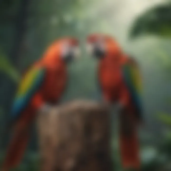 Two macaws interacting in a playful manner