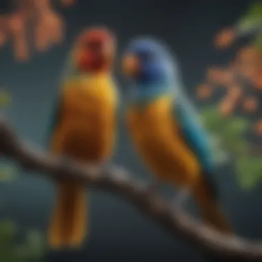 Colorful pet birds perched on a branch