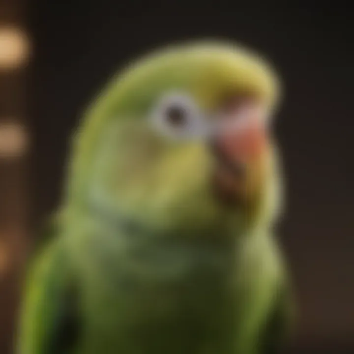 A close-up of a parakeet in a playful pose, highlighting its expressive features.