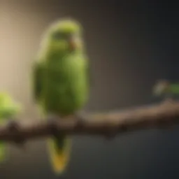 A vibrant parakeet perched on a branch, exhibiting signs of distress.