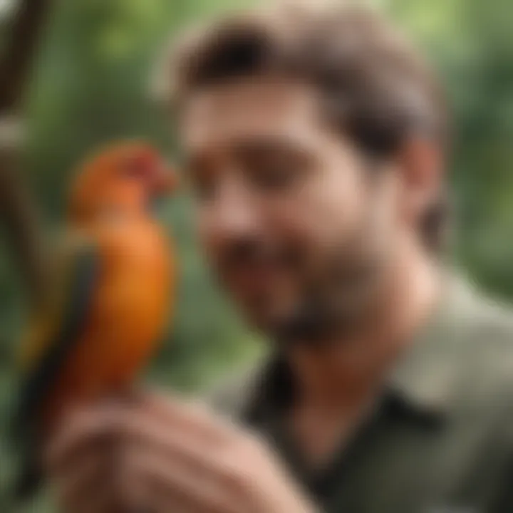 A bird interacting playfully with its owner, highlighting their bond