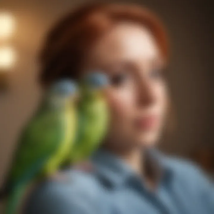 A parakeet perched lovingly on a caregiver's shoulder