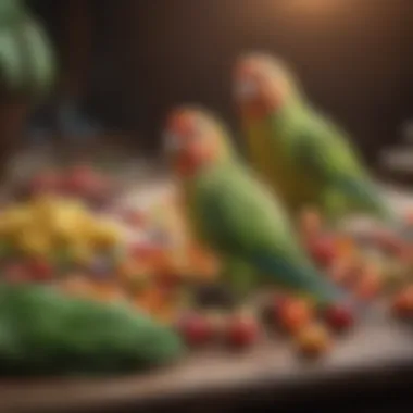 A colorful spread of parakeet-friendly foods