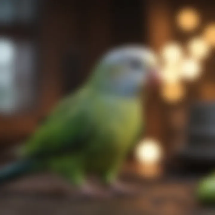 A parakeet engaging in playful training