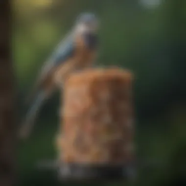 Different bird species enjoying suet from a feeder