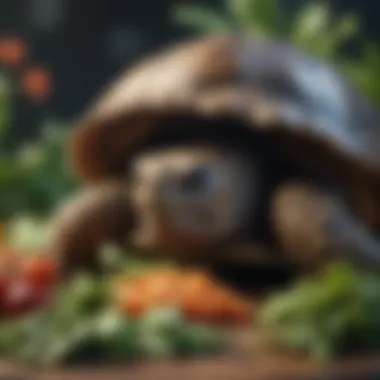 A detailed view of a tortoise's diet showcasing fresh vegetables and leafy greens.