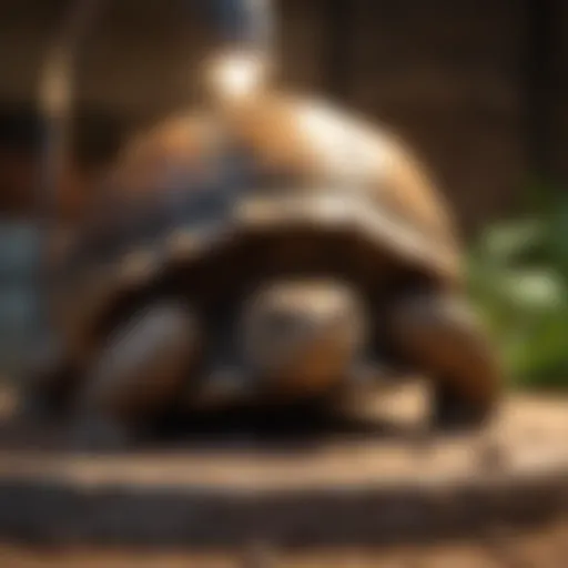 Close-up of a tortoise basking under a heat lamp in its habitat.