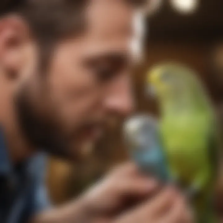 An owner interacting playfully with a budgerigar, highlighting their bond.