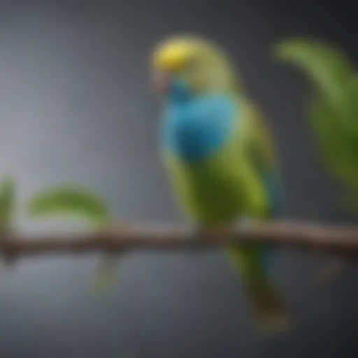 A vibrant budgerigar perched on a branch, showcasing its colorful feathers.