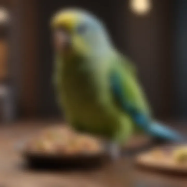 A parakeet enjoying a healthy meal