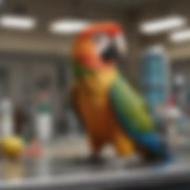 A veterinarian examining a colorful parrot in a clinic