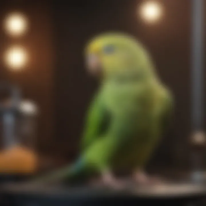 A healthy parakeet perched on a scale, highlighting health management