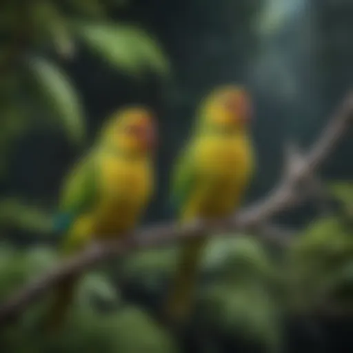 Vibrant parakeets perched on a branch in a lush habitat