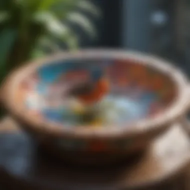 Colorful ceramic bird bath with intricate designs attracting birds.