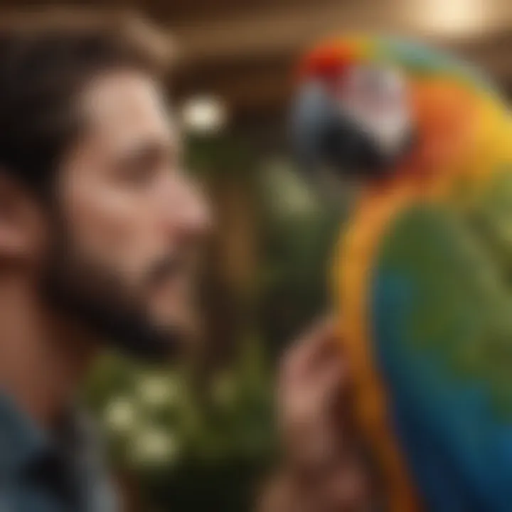 A serene macaw interacting with its owner, demonstrating social bonding