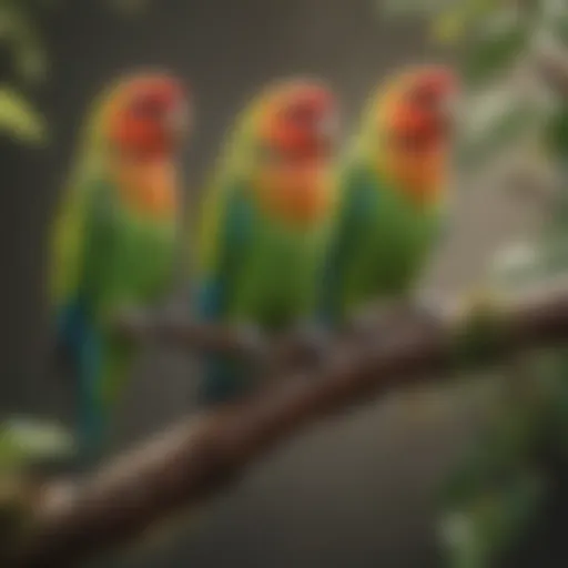 Colorful parakeets perched on a branch, showcasing their vibrant plumage