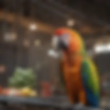 Colorful parrot perched on a covered cage showcasing comfort