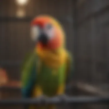 Happy parrot inside a cage with a properly fitted cover