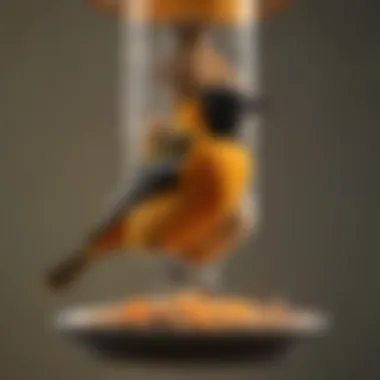 A close-up view of a modern oriole feeder made of durable materials