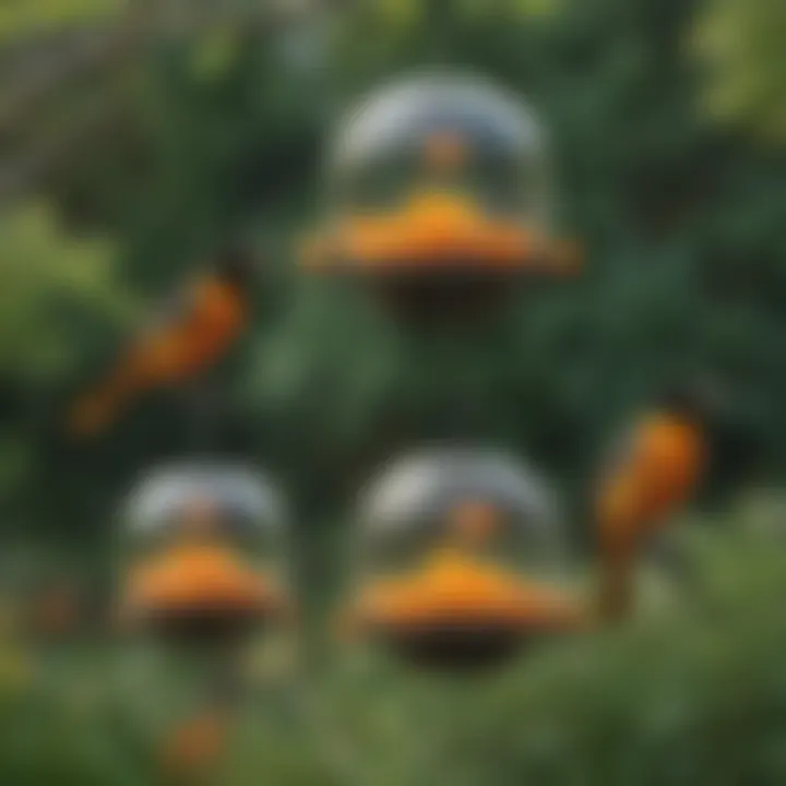 Different designs of oriole feeders displayed in a garden setting